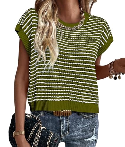 PRETTYGARDEN Short Sleeve Sweater for Women 2026 Summer Outfits Striped Pullover Cap Sleeve Knit Sweaters Vest Tops Trendy(Army Green,Small) - Image 1