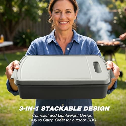 Sunmei Grill Prep and Serving Trays, 3-in-1 Stackable BBQ Food Tray, 5PCS BBQ Serving Set with Marinating Container, Serving Platter, Cutting Board and 2PCS Colored 12-Inch Grill Tongs (Gray) - Thumbnail 6