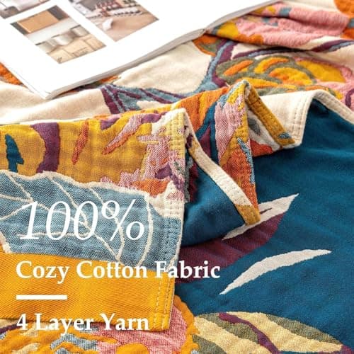 King Throw Blanket for Bed 100% Cotton Boho Soft Rustic Quilt Butterfly and Floral Double Embroidery Breathable Spring Bed Blanket,90"x108" All Season Blankets for Bedding Couch Home Decor - Thumbnail 6