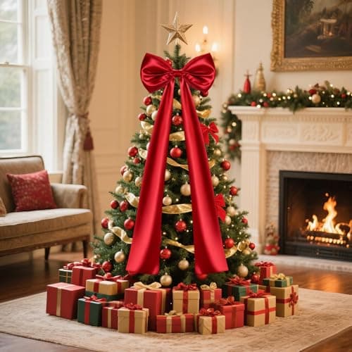 Christmas Tree Topper Bow, 23.6 x 87 Inch Giant Christmas Tree Toppers Satin Bows Christmas Decorations, Christmas Wreath Bows for Home Party Wedding Car Holiday Decor Supplies (47 Inch Red Bow) - Thumbnail 3