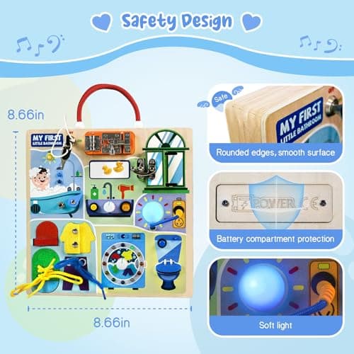 Teekdeer Busy Board Montessori Toys for Toddler 1-3 Year Old, Wooden Sensory Board with LED Light Switches,Bathroom Theme Travel Toys for 1+ Year Old Boy & Girl Birthday Gift - Thumbnail 5