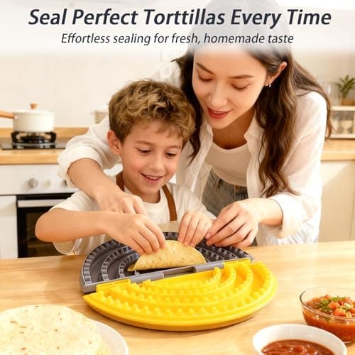4-in-1 Tortilla Sealer Crimper Press – Adjustable 4"-6"-8"-10" Tortilla & Taco/Burrito Maker Tool with Metal Edge | Easy to Clean, BPA-Free, Durable & Fun for Family Cooking (Gray & Yellow) - Thumbnail 2