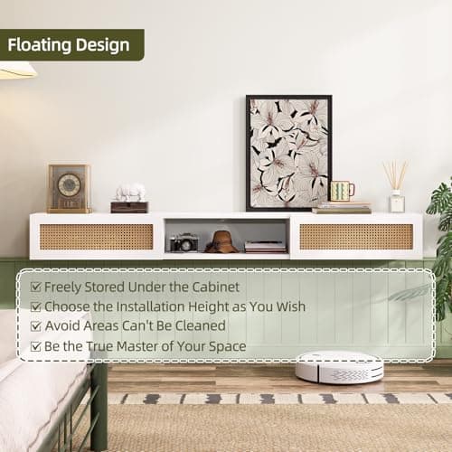 FurniNova 55" Floating TV Stand with Natural Rattan Doors, Boho Wall Mounted Media Console for Up to 65 inch TV, Modern Plyood Entertainment Center with Storage & Cable Management, White - Thumbnail 6