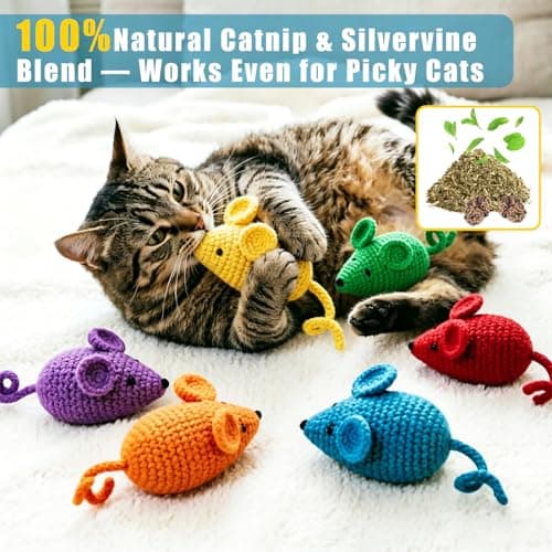 Retro Shaw Catnip Toys Crochet Mouse 6 Pcs - 100% Natural Catnip & Silvervine Blend Yarn Cat Nip Mice, Durable Hand-Knitted Teething Chew Toy for Indoor Cats & Kittens, Interactive Play & Dental Care - Thumbnail 3