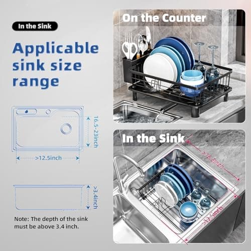 GAOKASE Dish Drying Rack, Stainless Steel Space-Saving Dish Rack, Dish Racks for Kitchen Counter, Kitchen Dish Drainers with Removable Utensil Holder,New Drain Outlet,Plate Rack and Drainboard, Black - Thumbnail 2