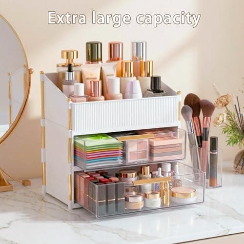 Asdbko Large Capacity Makeup Organizer Countertop with Brush Holder, Vanity Skincare Perfume Storage Box for Bathroom, Mother's Day Birthday Anniversary Teen Girl Gifts for Women Mom - Thumbnail 4