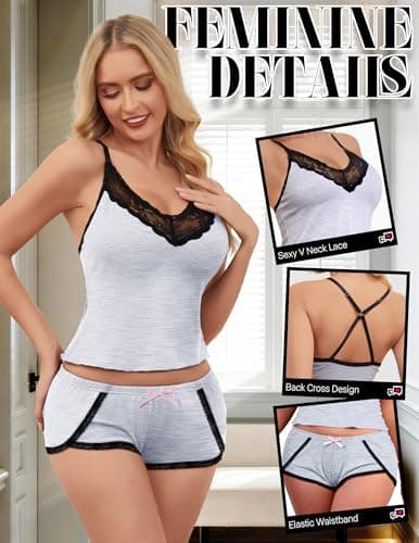 Tidouk Women Pajama Sets 2 Piece Sexy Pajamas Elastic Waist Lace Nightwear Cami and Short Set(Gray,Small) - Thumbnail 3