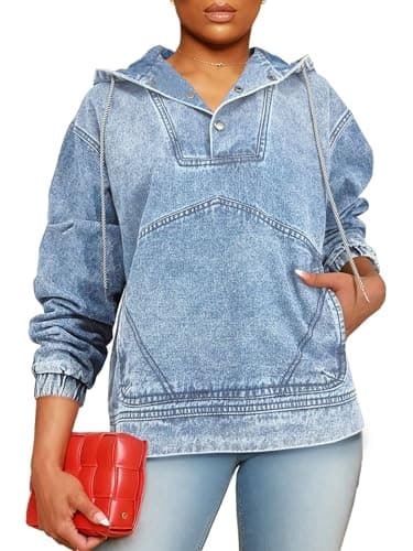 STOLKISS Women Denim Hoodies Casual Button Down pullover Long Sleeve Jean Tops Jacket Trendy Cropped Sweatshirt with Pockets - Thumbnail 2