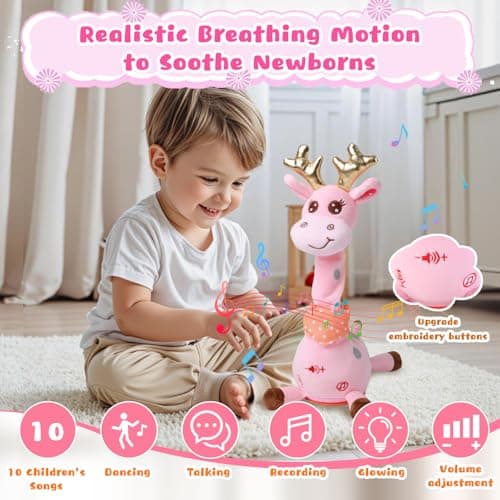 MIAODAM Dancing Talking Giraffe Stuffed Animal, Singing 10 Children's Song, Baby Toy Repeats What You Say, Colorful Glowing Giraffe PlushToys for Toddlers 1-3 Year Easter Day Gifts for Kids(Pink) - Thumbnail 2