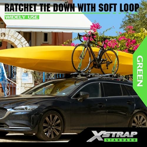 XSTRAP STANDARD 1in x 14ft Ratchet Straps with Ergonomic Aluminium Alloy Handle and Coated S-Hooks - 500 lb. Working Load Limit / 1,500 lb. Breaking Strength - Green, 4PK - Thumbnail 2