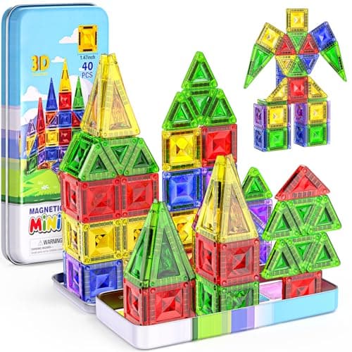 Sparkling Diamond Mini Magnetic Tiles, 40PCS Travel Magnetic Tiles with Metal Case, Portable On-The-Go Magnet Tiles, STEM Educational Construction Set Travel Toys for Kids, Boys and Girls Ages 3+