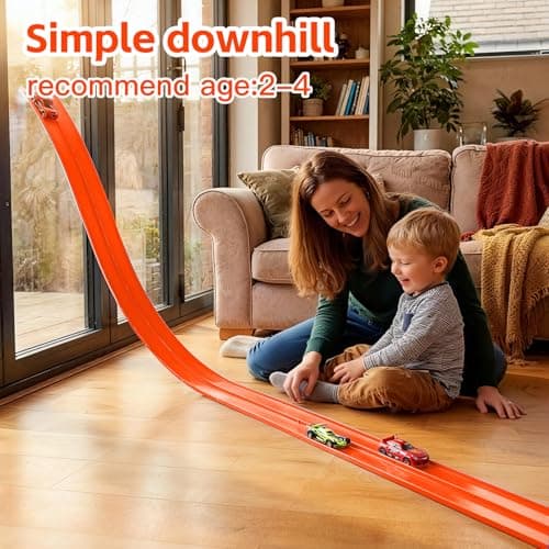 16.5 Ft Flexible Race Track for Kids - Compatible with Hot Wheels 1/64 Diecast Cars - Includes 8 Racing Cars & Super-Grip Gravity Ramp -Rollable Portable DIY Track Toy, Gift for Boys Girls 3-8, Orange - Thumbnail 6