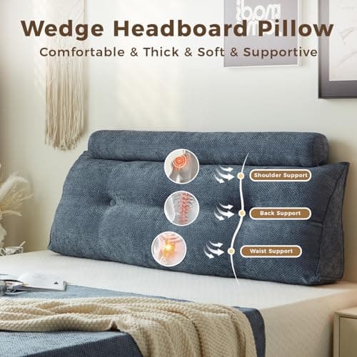 ZERALIVEN Headboard Pillow for Twin XL – Chenille Large Triangular Wedge Pillow for Headboard Gap, Daybed and Couch Backrest, Reading and Sitting Up in Bed with Removable Washable Cover, Blue - Thumbnail 2