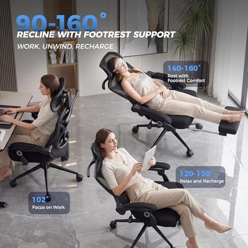 Ergonomic Office Chair with Footrest - Adjustable Lumbar Support & Headrest, 90-160° Reclining Mesh Back Computer Chair - Home Office/Gaming, 350lbs Capacity - Thumbnail 4