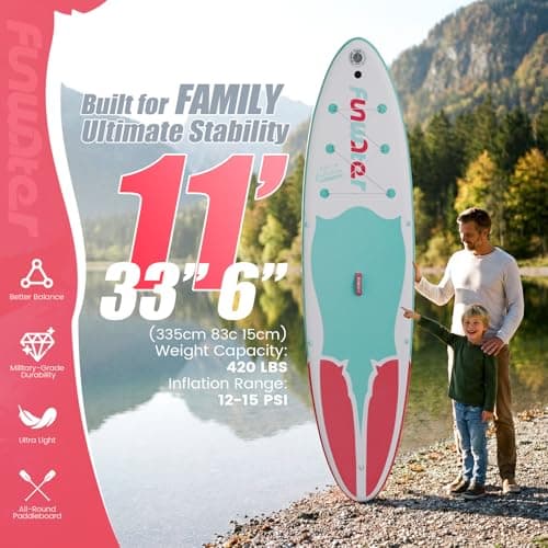 FunWater Inflatable Stand Up Paddle Board 10'6"/11"/11'6" Paddle Board for Adults & Youth, Paddleboards Inflatable with Premium SUP Accessories, Wide Stable, Non-Slip Comfort Deck (White/Blue/Pink) - Thumbnail 2