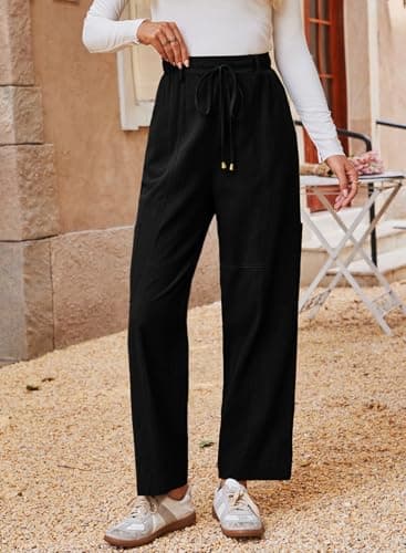 Dokotoo Linen Pants Women High Waisted Drawstring Stretch Pants Casual Loose Outdoor Travel Trousers Elastic Waistband with 4 Pockets Black - Thumbnail 2