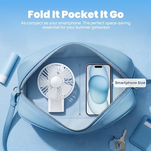 HAWANA Portable Handheld Fan, High Speed mini handheld fan with LED Display, travel fan 180° Foldable Desk Fan with Base, 5 Speed small fan for Outdoor Activities, Travel, Beach, White - Thumbnail 6