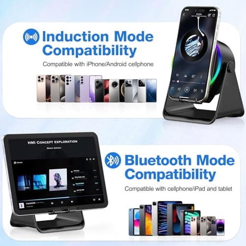 TARKARI Wireless Induction Speaker, 5 in 1 Bluetooth Speaker, 360° Rotation Cell Phone Stand and Colorful Ambient Light, Compatible with iPhone iPad Android Tablet, Birthday Gifts for Him Women Men - Thumbnail 5