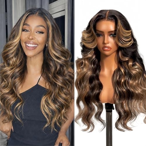 HC 30 Inch Honey Blonde Ombre Lace Front Wig Human Hair 13x6 HD Lace Front Wigs Human Hair Highlight Body Wave 200 Density Pre-Plucked Baby Hair Glueless 4/27 Colored Human Hair Wig for Women