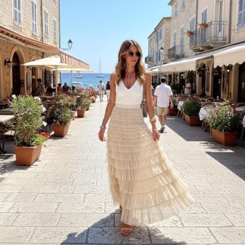 Mincib Womens Long Tulle Skirt A Line Ruffle Tiered Layered Skirts High Waisted Flowy Fairy Maxi Skirts (Beige,S) - Thumbnail 5