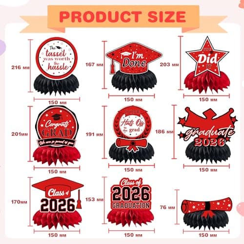 Graduation Decorations 2026 - Red Graduation Honeycomb for Table Centerpiece | Graduation Party Decorations Class of 2026,Table Toppers for Graduation Party Favors Supplies Indoor Outdoor - Thumbnail 2