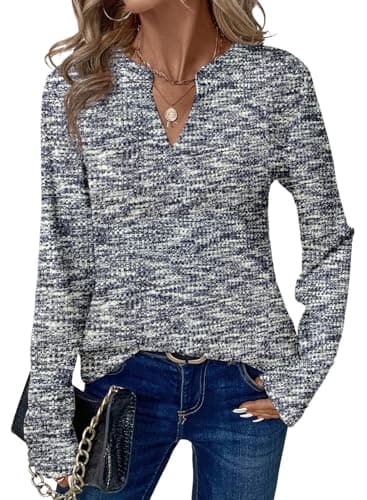 Dokotoo Shirts for Women Long Sleeve Tops for Women Trendy Spring 2026 Fashion Clothing V Neck T Shirts Henley Top Business Casual Outfits Ladies Tops and Blouses Navy Blue Shirts S - Image 1