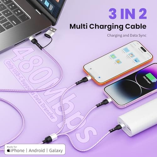 Travel Essentials, 3 in 2 Multi Charging Cable USB C Charger for iPhone 17, Multi Charger Cord with Type C/Lightning/Micro USB, Compatible for iPhone 17 to 11, Android, Galaxy, iPad, 2Pack-5 FT - Thumbnail 2