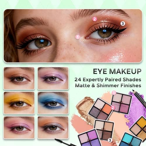 Color Nymph Beginner Makeup Kits For Teens With Train Case Included Full Makeup Kit Eyeshadow Palette Blushes Bronzer Highlighter Lipstick Brushes Mirror (Green) - Thumbnail 4