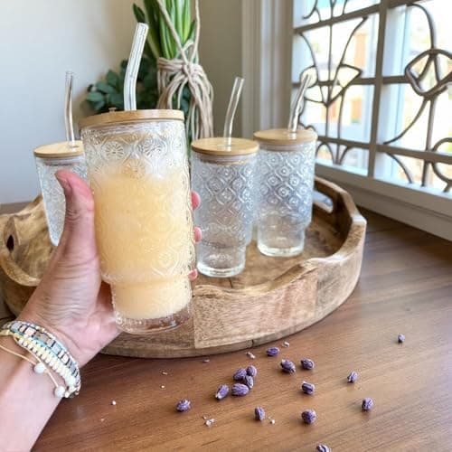 KUHNMARVIN 4Set Iced Coffee Glass Tumbler with Bamboo Lid and Glass Straw Set - 11oz/20oz Reusable Boba Cup & Matcha Latte Kit - Thick Durable Glass Cups with Lids and Straws for Cold Brew & Juice - Image 1