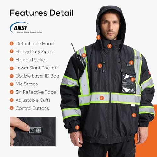 SRsafety Safety Heated Jacket,Waterproof Safety Jacket for Men with Pockets, Reflective High Visibility Safety Heated Jackets - Thumbnail 4