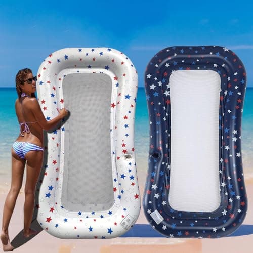 POORAFTERS Ultra-Comfort Cooling Pool Float Lounge 2 Pack Extra-LargeMesh Inflatable Raft with Cup Holder Floating Lounger for Adults Beach Pool Lake Party Summer Relaxation Essential
