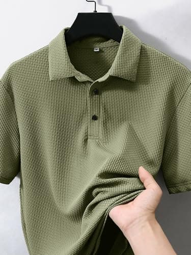 JEMLDL Men's Jacquard Polo Shirts Super Stretch Breathable Short Sleeve Performance Dry Fit Golf Shirts Olive L - Thumbnail 2