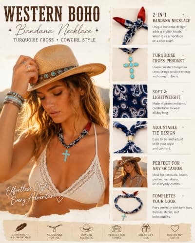rgwtgkyh Silk Scarf Necklace with Charm Boho Turquoise Cross Pendant Bandana Necklace Vintage Western Jewelry Gift for Women Cowgirl Cowboy - Thumbnail 6