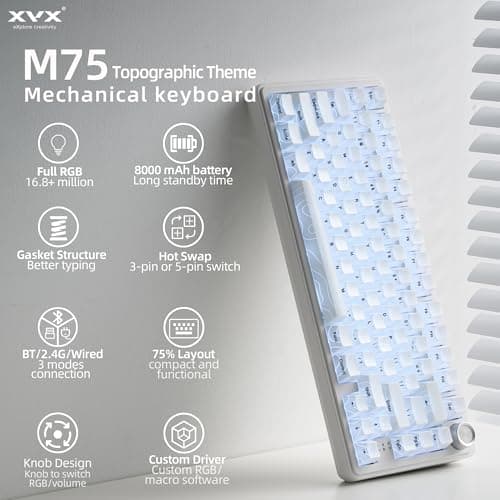 XVX M75 Wireless Gaming Mechanical Keyboard,75% Layout with Knob and IMD Topographic Keycaps,BT5.0/2.4GHz/USB-C,Hot Swappable Creamy Switches, Gasket Structure,RGB Backlit Keyboard for Win/Mac,White - Thumbnail 2
