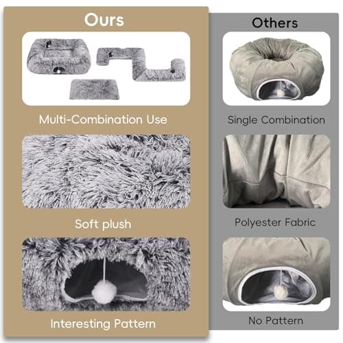 Extra Large Cat Tunnel Bed, 4 Ways Tunnels for Indoor Cats, Multi-cat Family Pet Bed & Cave, Plush Cat Donut with Washable Middle Mat, Exit Balls, Pet Play Toy for Kitten Puppy Rabbit, Dark Grey - Thumbnail 6