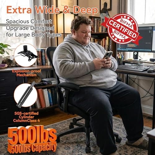 WITTLONG Big and Tall Office Chair 500lbs Heavy Duty Ergonomic Mesh Desk Chair with 23.6" Extra Wide Seat, 29.5" High Back, Adjustable Lumbar Support & Flip-Up Arms for Large Body Types (Dark Gray) - Thumbnail 3