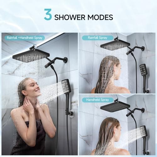 Rain Shower Head with Handheld Spray Combo Set, Adjustable 12" Rainfall Dual Shower Head, Double&Tandem Shower Head, Waterfall Showerhead Bathroom -Matte Black - Thumbnail 4