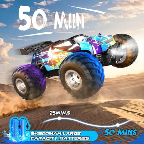 Rcjoyou Remote Control Car, 2WD Off-Road Rc Truck, 20 KM/H All-Terrain RC Cars with Headlights & Body Lights, 2.4GHz, 2 Batteries, Remote Control Car for Boys 4-7 8-12, Gift Toys for Boys Girls - Thumbnail 3