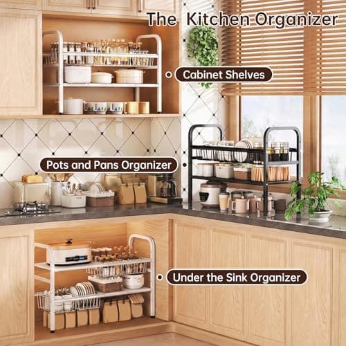 MeiChaoMeiJia Under Sink Organizers and Storage, 2 Tier Expandable Length Adjustable Height Under Sink Organizer, Easy Assembly Heavy Duty Carbon Steel Space Saving Under Cabinet Shelf Storage Rack - Thumbnail 5