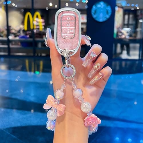 XUPEIXUN for Honda Key Fob Cover with Keychain, Pink TPU Key Case Protection Shell Compatible with 2022 Hond Accord Civic CRV Pilot Odyssey 11th Gen Bling Car Accessories - Thumbnail 2