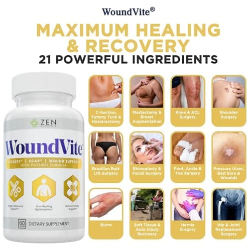 Zen Nutrients WoundVite Pre & Post Surgery Support, Scar & Wound Care, Scar Treatment, Plastic & General Surgery, Heal Faster & Aids in Recovery Time w/Bromelain, Turmeric & Arnica - 60 Vegan Caps - Thumbnail 2
