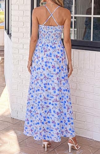 BTFBM Summer Dresses for Women 2026 Spring Floral Spaghetti Strap Smocked Cutout Maxi Dress Resort Beach Vacation Outfit(Floral Blue, XX-Large) - Thumbnail 3