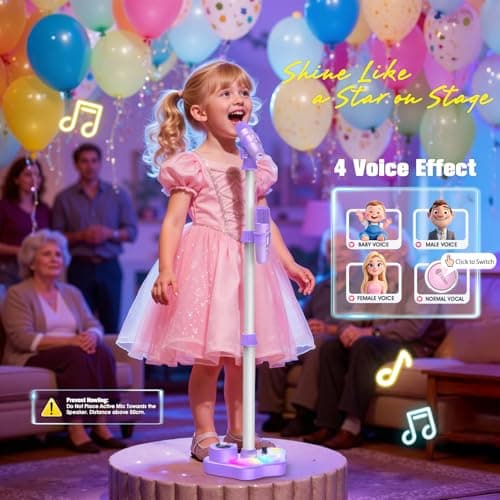 Stand Karaoke Machine for Kids, Singing Toys Gifts for 3 4 5 6 7 8 Year Old Girls Boys, Rechargeable Kid Microphone Bluetooth Speaker with 2 Wireless Mic for Girl Age 4-6 Toddler Birthday Party Toy - Thumbnail 4