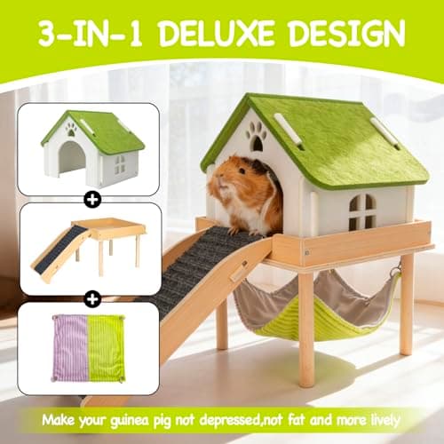 BESNEW 3 in 1 Enlarged Guinea Pig Hammock,Wooden Guinea Pig Hideout with House & Platform & Stairs Small Animal Toys for Hiding Sleeping Activities - Thumbnail 2