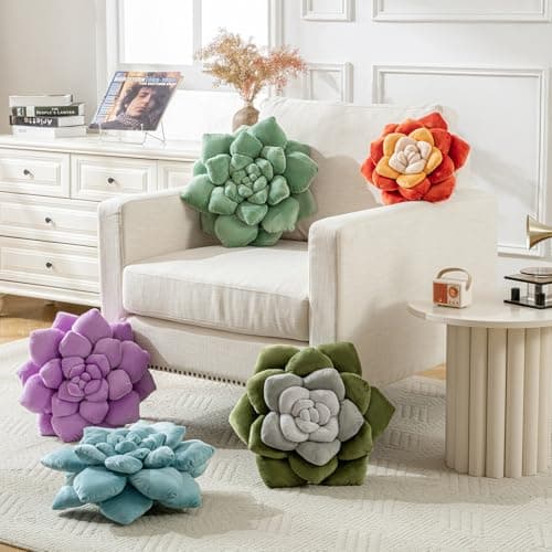 Gerlisay 3D Plant Pillow 13.8'' Cute Flower Throw Pillow Green Grey Plant Shaped Decor Soft Unique Plush Decorative Pillow Throw Cushions for Bedroom Home Decorations - Thumbnail 2