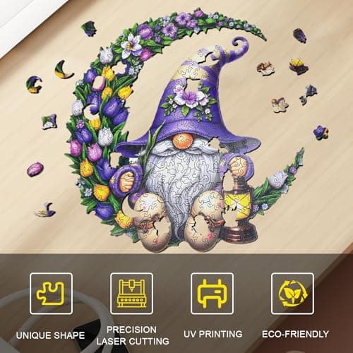 Gnome Wooden Puzzles for Adults, Flower Tulip Unique Shape Wooden Jigsaw Puzzle for Adults 200 Piece, Challenging Floral Moon Gnome Puzzles, Creative Gift for Friend Family Game Wall Decor 11*10.6in - Thumbnail 5
