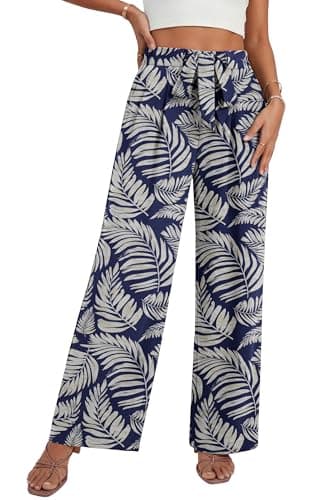 Lepunuo Womens Wide Leg Floral Pants Work Business Casual Palazzo Pants Tie Knot High Waisted Pants with Pockets - Image 1