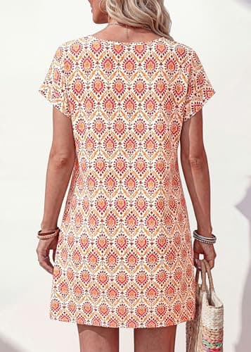 KIRUNDO Summer Dresses for Women 2026 Beach Sundress Spring Casual V Neck Boho Floral Vacation Outfits Cruise Resort Wear(Floral Apricot Red, Medium) - Thumbnail 2