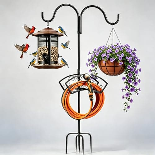 WiMas 78" Heavy Duty Freestanding Garden Hose Holder, Supports 30lb & 150ft Water Hose Stand with Hose Reel, 5 Ground Spikes & 2 Shepherd Hooks, for Hose Storage, Hanging Bird Feeders, Planters - Image 1