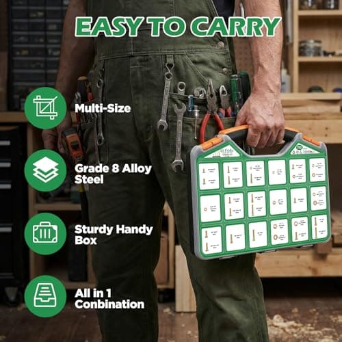 Foliv 702 PCS Grade 8 Nuts and Bolts Assortment Kit, SAE Bolts Assortment Kit with Hex Head Cap Bolts, Flat & Lock Washers, Fine & Coarse Thread, Yellow Zinc Plated for Corrosion Resistance - Thumbnail 5